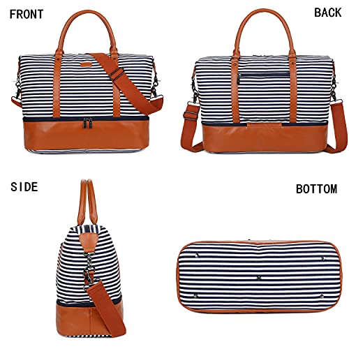 BAOSHA HB-28 Ladies Women Canvas Travel Weekender Bag Overnight Carry-on Duffel Tote Bag (Blue Strips with Shoe Compartment)