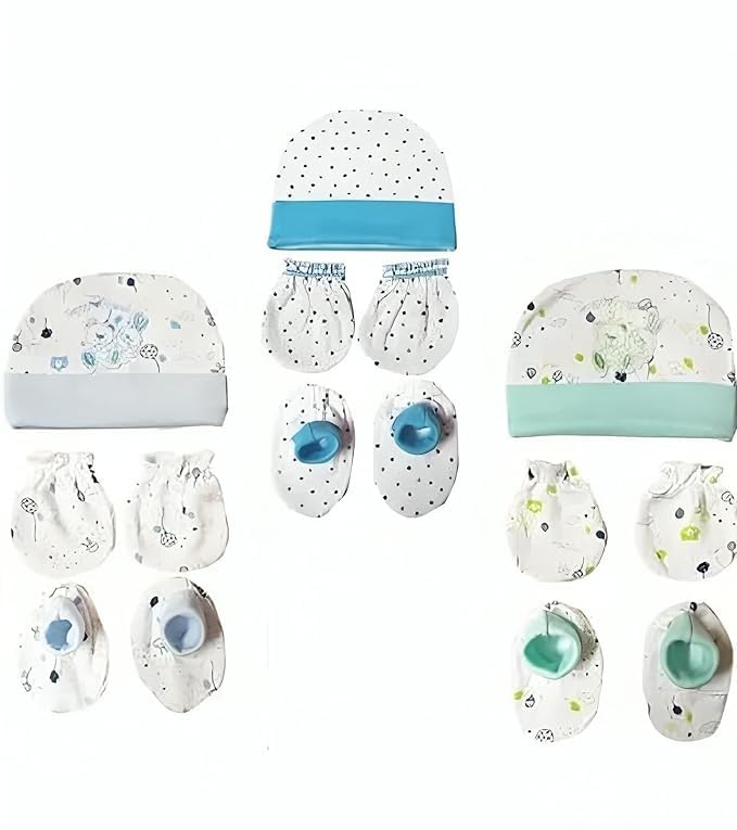 Cotton Newborn Baby Cap, Mitten and Bootie Set, Assorted Colours, 0-6 Months, Pack of 3-picture-53