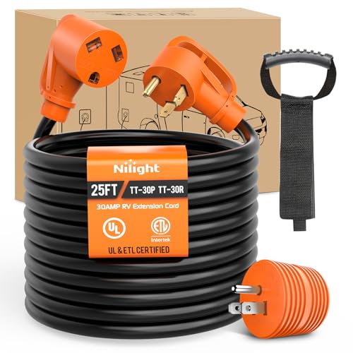 Image of Nilight 25FT 30 Amp RV Extension Cord with Adapter 15Amp to 30Amp 125V Heavy Duty 10 /3 Gauge Pure Copper STW Wire UL ETL Listed 3 Prong TT-30P TT-30R Weatherproof Suit for Generators Campers