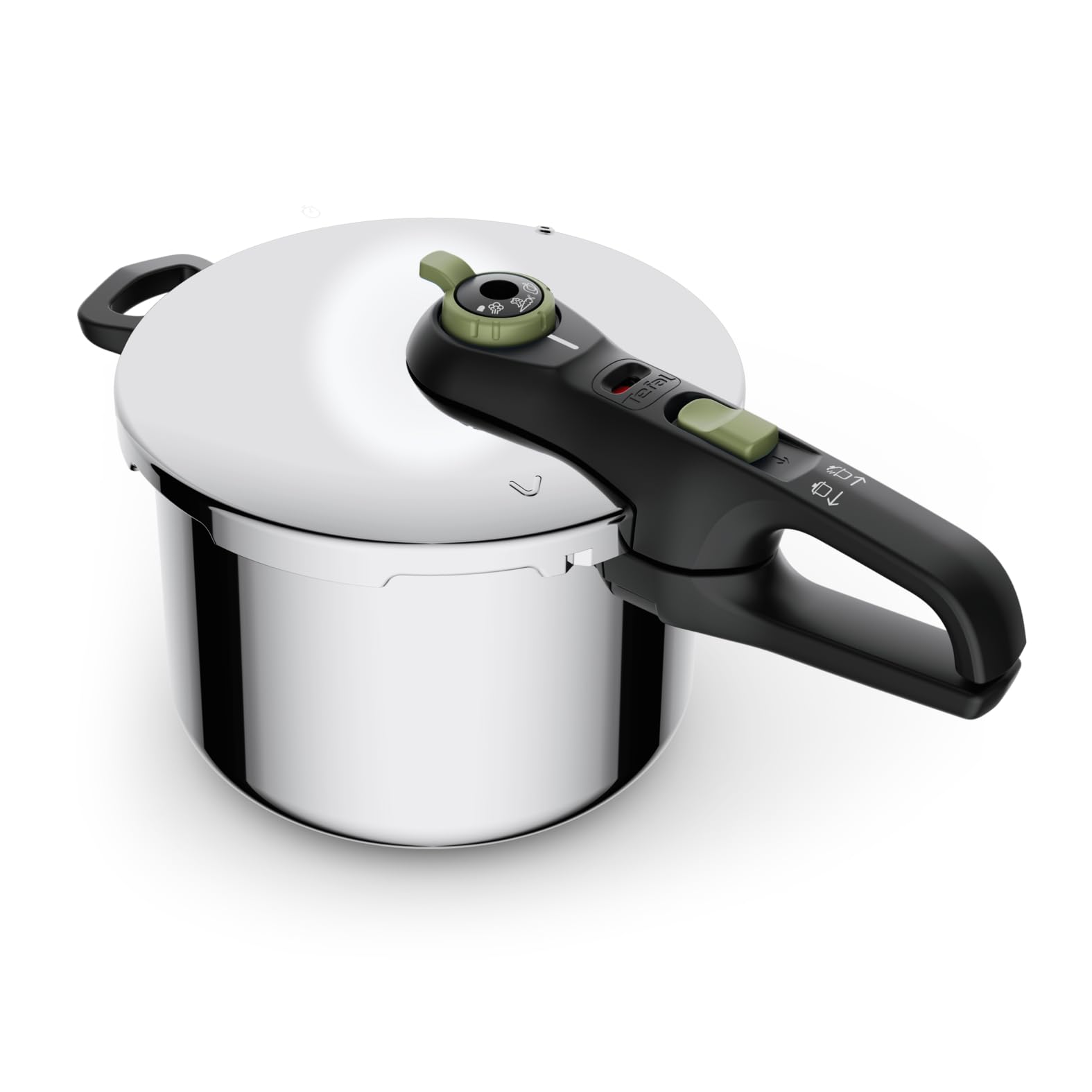 Tefal Secure Trendy Schnellkochtopf induktion 6l, 2-Stufen-Garregler: Intensivstufe 117°C, Schonstufe 112°C, Induktions-Kapselboden, für alle Herdarten, Edelstahl/Schwarz/Grün, P2580703