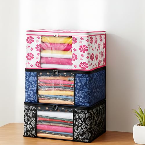 Image of Non-Woven Printed Saree Cover Set of 3 | Foldable Wardrobe Organizer with Transparent Window & Zipper Closure | Dustproof Cloth Storage Bags for Clothes, Sarees & Seasonal Garments