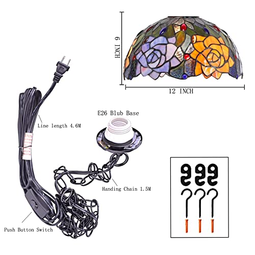 Avivadirect Y12 Tiffany Pendant Light Plug In 12 Inch Orange Red Rose Flower Stained Glass Hanging Lamp thumb #1