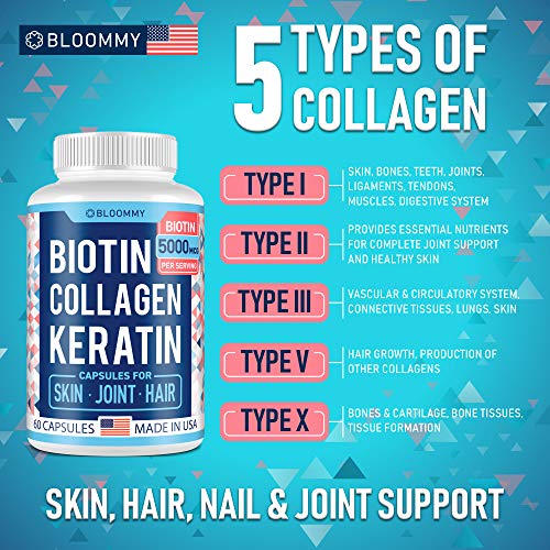 Biotin, Collagen & Keratin Capsules - Joints, Skin & Hair Natural Vitamins - Made in USA - Biotin & Collagen Supplements for Women - Collagen Pills for Hair Care - Collagen Peptides Pills - 60 caps - Thumbnail 6