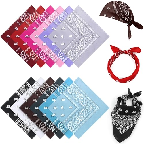 AWUMBUK Bandana Hombre y Mujer - 12 Pack Pañuelos Cabeza Multiusos Bandanas, Paisley turbantes - para Cinta Pelo, Sombrero Cowboy, Diadema, Antifaz,Sotocasco Moto(55 x 55 cm)