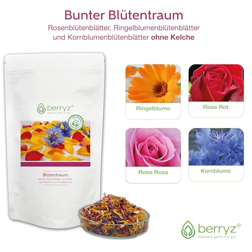 Essbare Blüten 25g Duftend Farbenfroher Blütenmix | Rosenblüten Ringelblumenblüten Kornblumenblüten | Bunte Blütenmischung Essblüten-Mischung