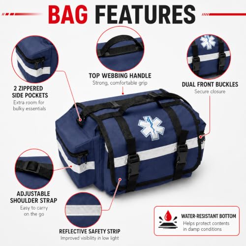 Image of NOVAMEDIC NM-RO63P Professional First Responder Bag, 17 inch x 9 inch x 7 inch Empty EMT Trauma Kit Carrier with Removable Dividers, Reflective Strips, Water-Resistant Base for Emergency Medical Supplies (Blue)