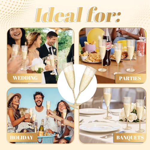 WDF 36-Pack Plastic Champagne Flutes - Gold Glitter Champagne Glasses Disposable - Perfect for Thanksgiving, Weddings, Birthday, Bridal Showers