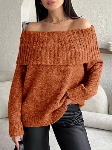 Image of Saodimallsu Womens Off The Shoulder Sweaters Oversized Long Sleeve Loose Ribbed Knit Fall Trendy Pullover Tops
