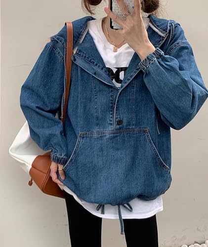 Sexyshine Women's Hooded Denim Sweatshirt Button Down Hoodie Pullover Loose Denim Blouse Jean Jacket With Big Pocket3