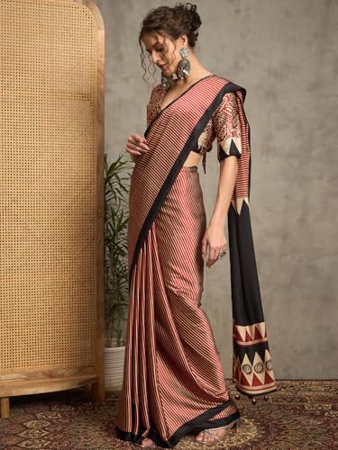 Image of AKHILAM Women's Pure Crepe Striped Printed Saree With Unstitched Blouse Piece