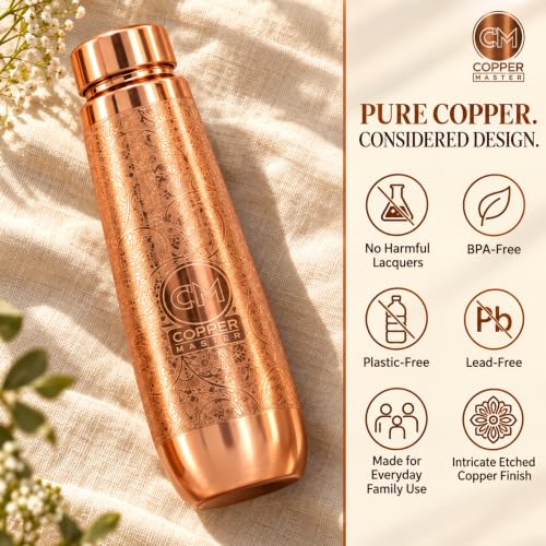 Image of Copper-Master Pure Copper Water Bottle 1L & 2 Glasses Set, Polo Etched
