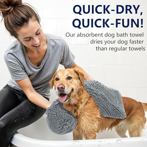 Image of OLANLY Chenille Dog Bath Towel 38x15, Ultra Absorbent Quick Dry Pet Towel, Extra Soft Washable Plush Towel for Large Dogs & Puppies, Indoor Outdoor Use, Grey