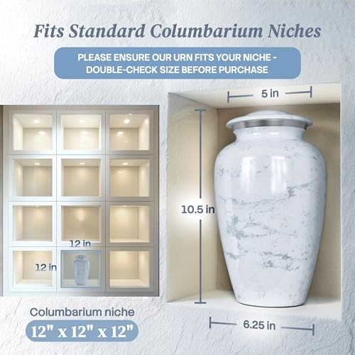 Image of Large Handcrafted Urn for Ashes Adult Male and Female - Cremation Urns for Human Ashes Adult Man and Woman - Decorative Funeral Urns - Memorial Urn with White Marble Finish - Large (10.5 inch H x 6.25 inch W)