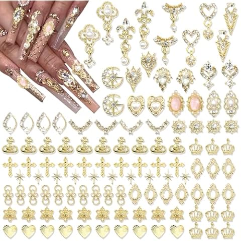 RODAKY 116PCS Gold Nail Charms Luxury Nail Art Jewelry Dangle Heart Nail Gems Pearls Multi Style Nail Diamonds Vintage Nail Decoration for Women Manicure Design Cover