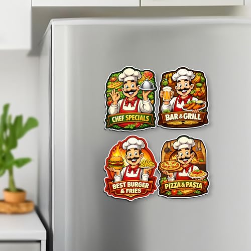 Image of Regalo Casila Chef Theme Fridge Magnets Set of 4 Food Lover Kitchen Decor Wooden Magnets Strong Refrigerator Stickers Bar Grill Burger Pizza Tourism Souvenir Gift