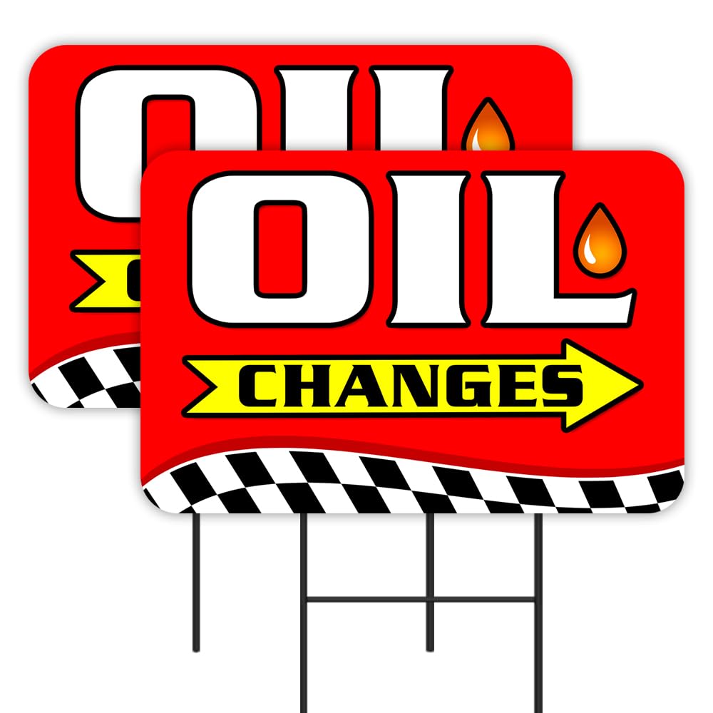 Oil Changes 2 Pack Yard Signs 16" x 24" - Double-Sided Print, with Metal Stakes Made in the USA