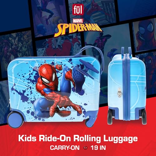 FUL Marvel Spider-Man 19 Inch Carry On Luggage, Kids Ride On Suitcase with Spinner Wheels, Hardshell Rolling Travel Trolley, Blue2