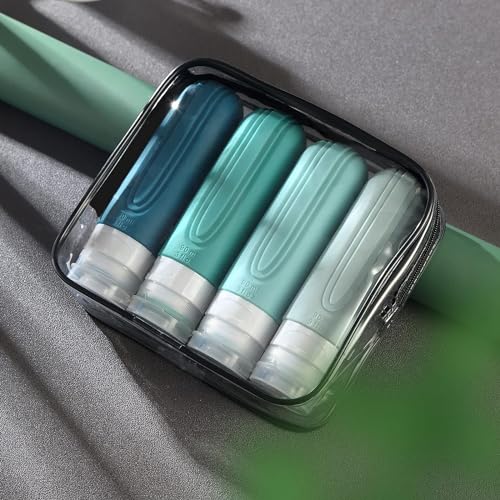 Kit 4 Frascos Potes Silicone Viagem 90ml Aprovado TSA Creme Shampoo Condicionador (Tons de Verde)