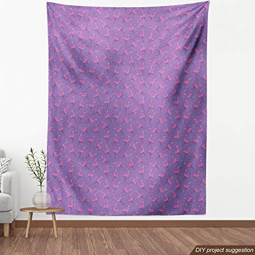 Image of Ambesonne Flamingo Fabric by The Yard, Polka Dotted Purple Background with Pink Exotic Birds Design Minimalist, Decorative Fabric for Upholstery and Home Accents, 3 Yards, Pale Blue Violet Pink