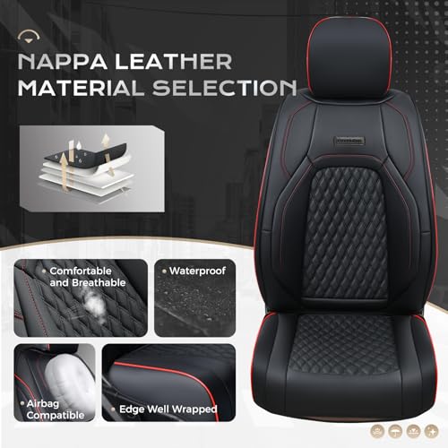 Image of Coverado Full Set Leather Car Seat Covers for F150,Waterproof Automotive Seat Covers for Cars,SUVs,Pickup Trucks,Compatible with 2015-2026 F150 SuperCrew,2017-2026 F250 F350 F450 Crew Cab, Black /Red