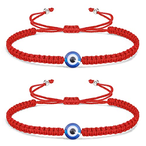 VIBILIA 2 Pcs Evil Eye Bracelets for Women Men Handmade Braided Kabbalah Good Luck Red String Bracelet Rope Cord Thread Adjustable Friendship Bracelet Minimalist Jewelry - Red