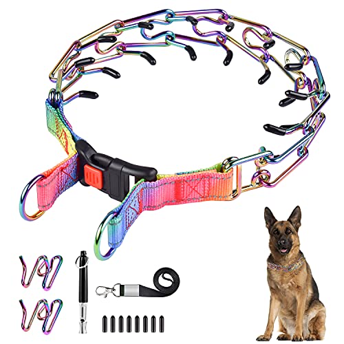 Kletloop Dog Prong Traing Collar,Choke Pinch Collar [2 Extra Links][Dog Whistle][Color] with Martingale Chain and Rubber Caps, for Medium Large Breed-L