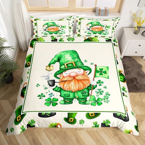 jejeloiu ST Patricks Day Duvet Cover for Kids Boys Girls Toddler Size Cute Cartoon Gnomes Bedding Set Ultra Soft Lucky Shamrocks Comforter Cover Green Hat Bedspread Spring,No Comforter