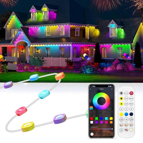 Image of Gaoxun 100ft Permanent Outdoor Lights, RGBW Smart Eaves Lights with 36 LED, APP /Remote Control, Dimmable, 47 Scene Modes, DIY Modes, IP67 Waterproof Christmas Lighting for Daily Holiday Decorations