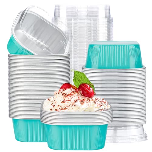 EUSOAR Aluminum Foil Baking Cups With Lids, 10oz 100pcs Disposable Ramekins, Muffin Cups for Baking, Square Cupcake Pans, Mini Cake Loaf Bread Pans for Party Favor Birthday