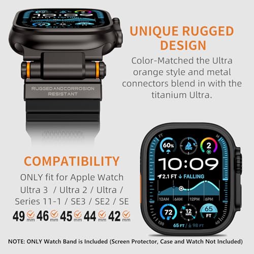 Image of FOAMUNOC Rugged Band Compatible with Apple Watch Ultra 3 /2 /1 Band 49mm /46mm /45mm /44mm /42mm, Metal Connector with Silicone Strap for iWatch Ultra Series 11 /10 /9 /8 /7 /6 /SE3 /SE2 /SE /5 /4 /3 /2 /1, Black /Black