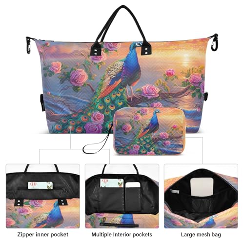 Weekender Bags Travel Duffel Gym Bag Beautiful Peacock Sunset Seaside Carry on Overnight Tote Bag with Toiletry Bag for Airplane Travel Trip Gym Yoga2