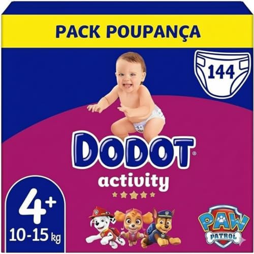 Dodot Bebé Activity Pañales Talla 4+ (10-15 kg), Absorción Máxima, Ajuste Total 3D, 144 Pañales