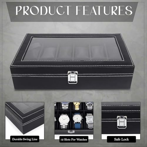 Image of Luxury Leather Watch Organizer with Glass Display | 12 Slot Watch Box Case for Men & Women | Premium Watch Storage Display Case | Travel Ready Watch Storage Box | Gift item (Watch Not Included)