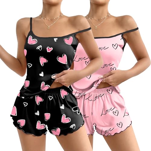 Image of Ekouaer 2 Pack Womens Cami Pajama Sets Cute Print Tank Top Pjs and Shorts Camisole Lounge Set
