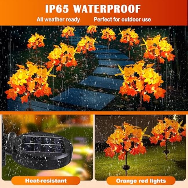 Fall Solar Lights Outdoor Decorative, 4Pack 80LED Solar Fall Lights Waterproof for Yard & Garden,Fall Outdoor Decorations for Yard, Maple Leaf Thanksgiving Halloween Christmas Grave D¨¦cor (4 Pack)
