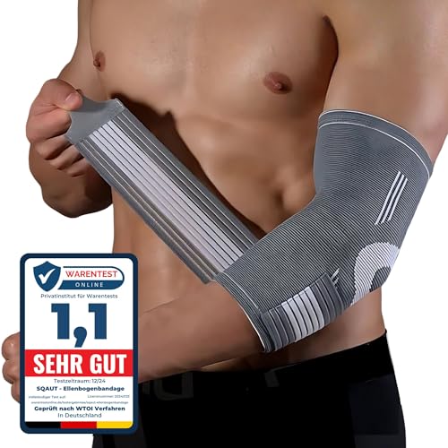 SQAUT® Ellenbogenbandage 1 Stück Ellenbogen Bandage Herren und Damen für Sport, Tennisarm und Golferarm Ellbogen Stütze Armbandage mit Klettbänder Klettgürtel Elbow Brace Elbow Support (Grau L)