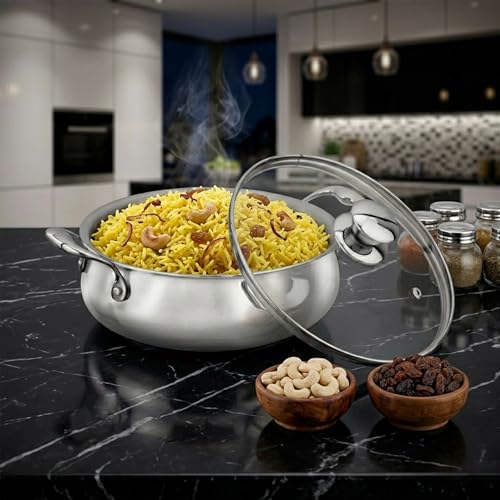 Image of AGARO Regency 3.5 L Triply Stainless Steel Handi with Glass Lid, Tri-Ply Induction & Gas Compatible, Even Heat Distribution, Non-Toxic Steel Cookware, Biryani Pot for Rice, Curry & Daily Cooking