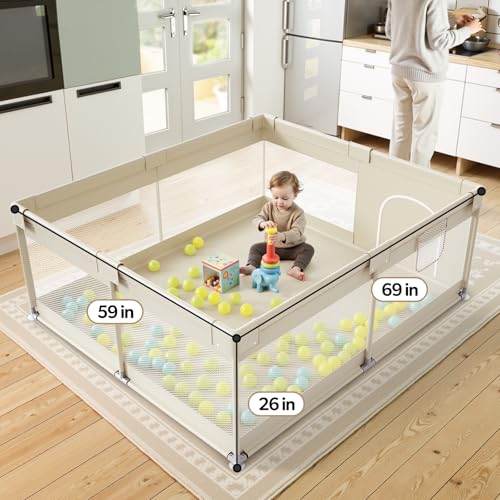 Image of Fodoss Baby Playpen, 59x69in Beige Playpen for Babies and Toddlers, Play Pen for Apartment, Kids Activity Fence, Baby Playard with All-Side Mesh, Pull Rings