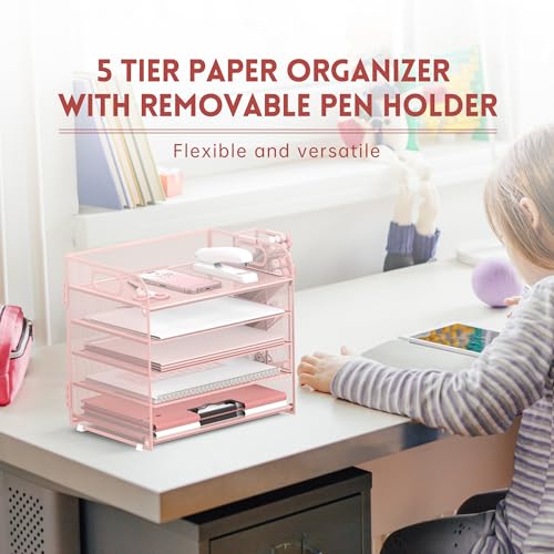 SUPEASY Organizador de mesa de 5 níveis com alça e porta-canetas removíveis, organizador de papel de