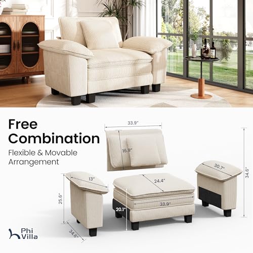Image of PHI VILLA Oversized Single Sofa Chair with Deep Seat, Cloud Upholstered Reading Armchair, 1 Seater Comfy Sofa Chair for Bedroom Nook, Corduroy, Beige