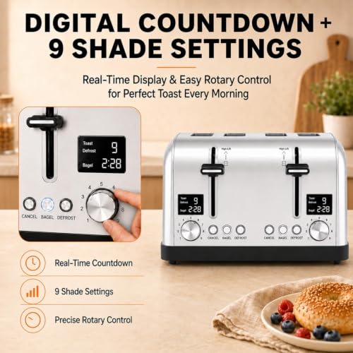Lainsten Toaster 4 Slice Stainless Steel Extra Wide Slots,LCD Timer(Silver) by LAINSTEN - Used condition - Image 3