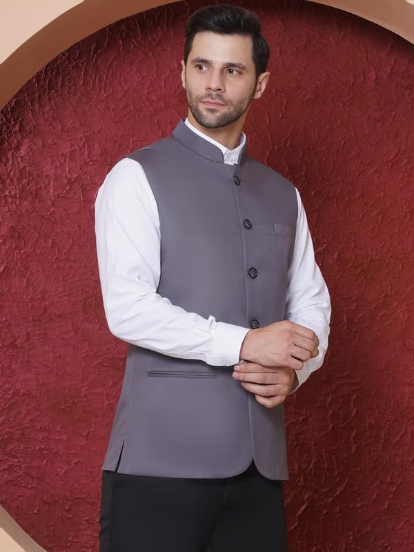 FAVOROSKI Gilet formale etnico da uomo, vestibilità regolare, cappotto formale Nehru con colletto alla coreana, giacca senza maniche con tasche, gilet etnico tradizionale per matrimoni e feste