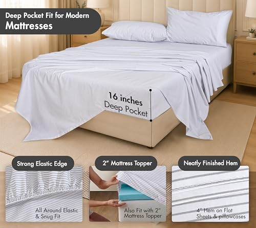 Image of RUVANTI 100% Cotton Percale Sheets Split King Size - Crisp Cooling Bed Sheets for Hot Sleepers, Deep Pocket 16 inch, Soft Breathable & Durable Hotel-Style 5 Piece Set, Grey Pinn Stripe