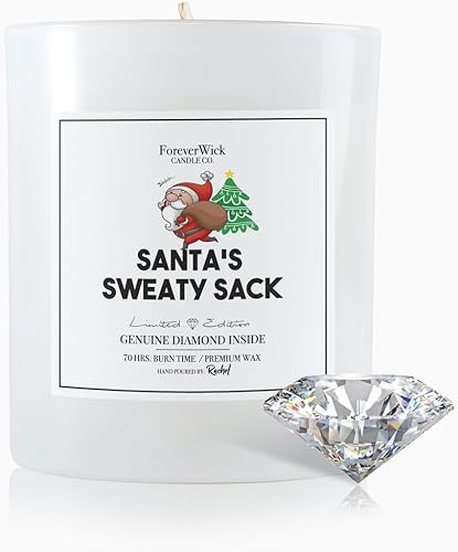 Santa's Sweaty Sack Evergreen - Vela sorpresa con diamante en el interior, velas Foreverwick, velas de soja perfumadas, regalos para mujeres, vela