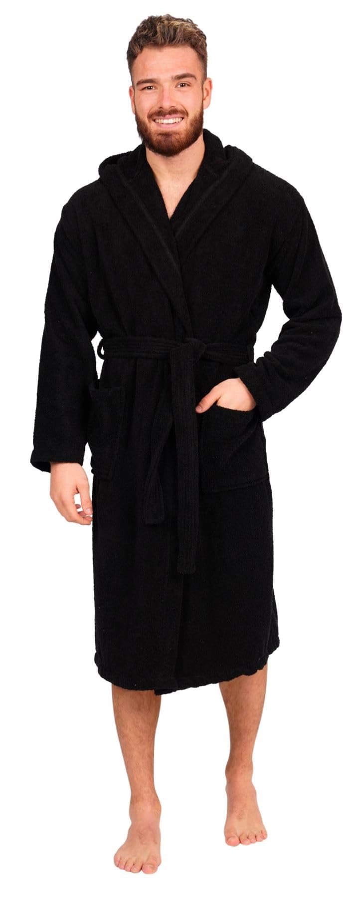 Adore Home Men's Black 100% Cotton Hooded Bathrobe Terry Towelling Shawl Collar Bath Robe Dressing Gown