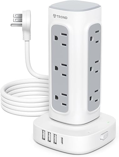 Torre de regleta de alimentación  TROND - Cable de extensión de enchufe plano con 12 tomas múltiples, 3 puertos USB, 1 cargador USB C, enchufe de