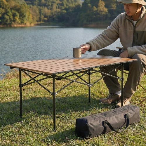 Image of Kraptick Portable Metal Folding Camping Table with Roll-Up Tabletop Lightweight Outdoor Long Table with Carry Bag Compact & Durable Folding Table for Camping, Picnic, Beach & Travel Use (Brown)