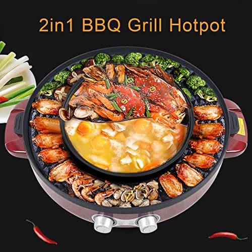 Hot Pot with Grill, 2000W 2 in 1 Electric Hot Pot Grill Cooker with Dual Temperature Control for 1-8 People, Multi-function Smokeless Shabu BBQ Grill for Simmer, Boil, Fry, Roast