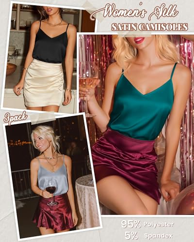 Image of 3 Pack Women's Silk Satin Camisoles V Neck Tank Tops | 95% Polyester, 5% Spandex, Adjustable Spaghetti Strap, Loose Blouse, Daily Wear, Sleeveless, Classic V Neck