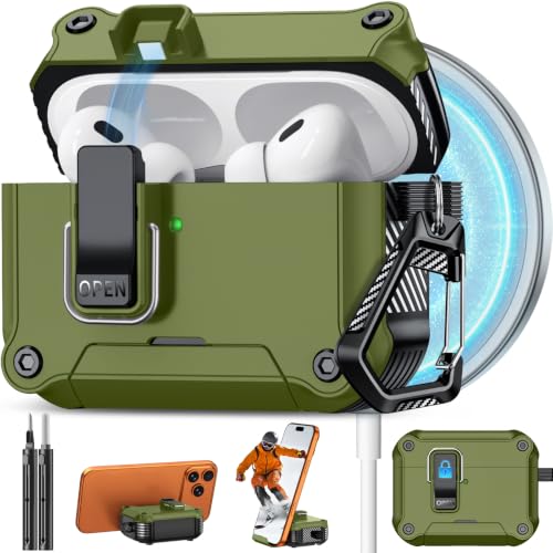 Image of Pohgelan for AirPods 2nd /1st Case with Safety Lock-Dark Green | Magnetic Automatic Lock with Cleaning Kit&Keychain,Compatible with Magsafe